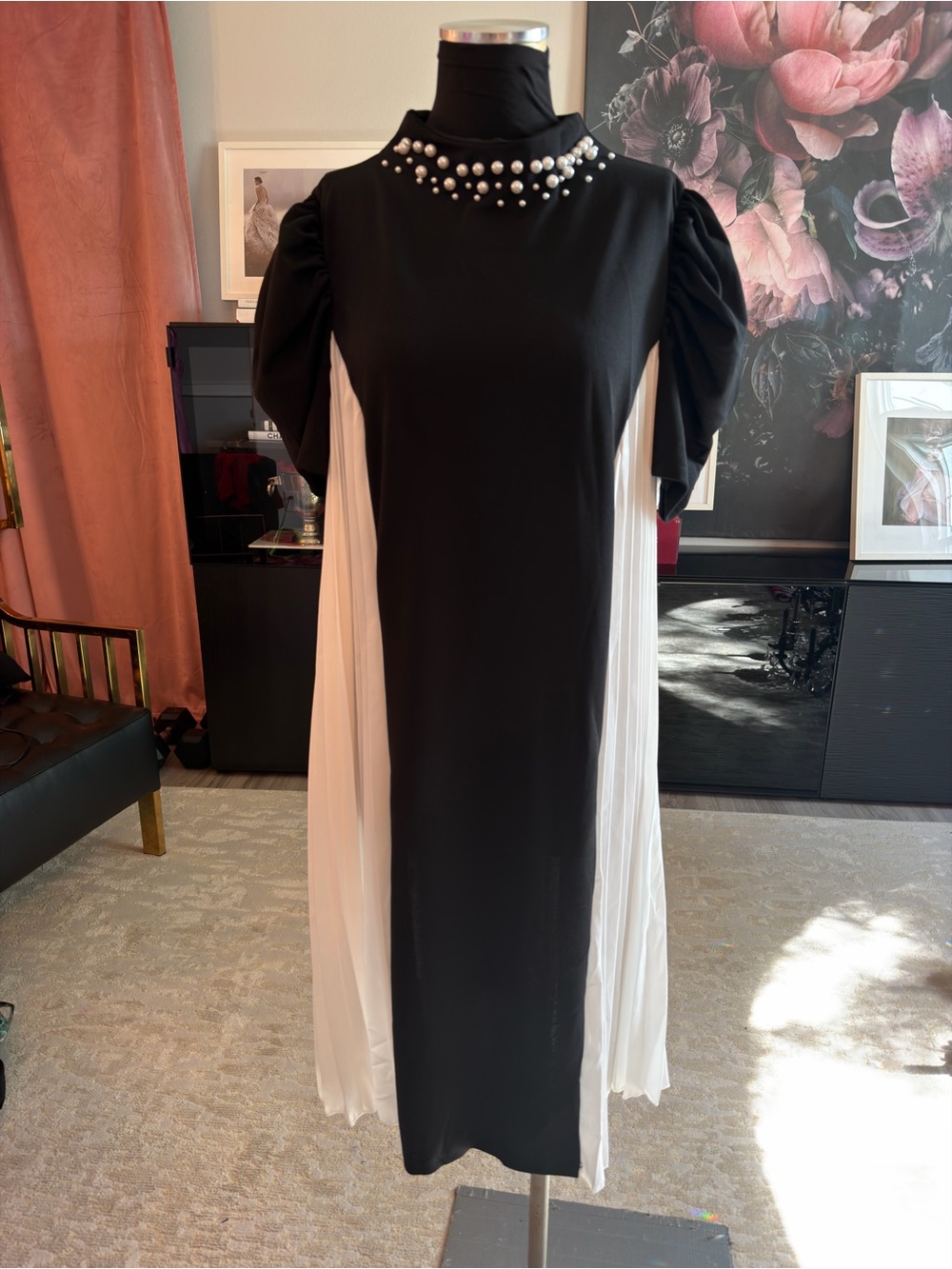 Black & White Pearl-Embellished Midi Dress